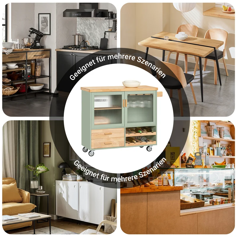 SoBuy | Küchenwagen mit Flaschenablage | Kücheninsel mit Weinglashalter | Sideboard | Grün | FKW114-GR