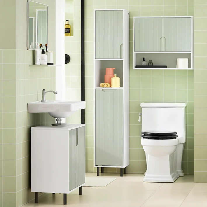SoBuy | Hochschrank mit ausklappbarem Wäschesack | Badregal | schmal Wäscheschrank | Weiß-Grün | BZR137-GR