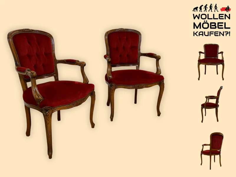 Eleganter und sehr gut erhaltener Vintage Salonsessel mit handverziertem Holzrahmen und grandiosem Bordeaux rotem Bezug I Sessel Armlehnstuhl Stuhl Stilmöbel Barock I
