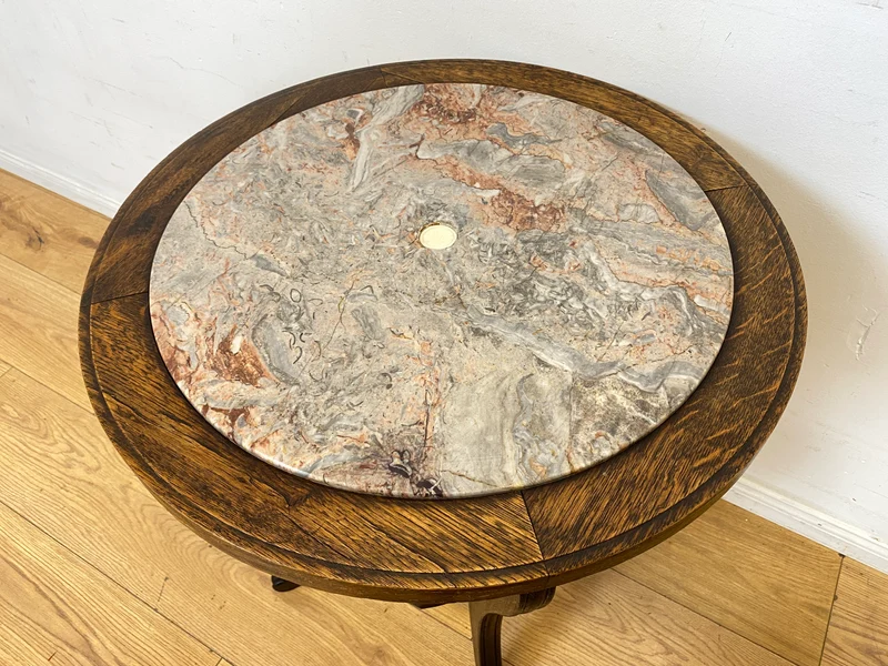 Sehr schöner runder handverzierter antiker Beistelltischtisch mit Marmor Platte und Ablage I Tisch Beistelltisch Rauchertisch Couchtisch Marmortisch Jugendstil Barock Vintage I
