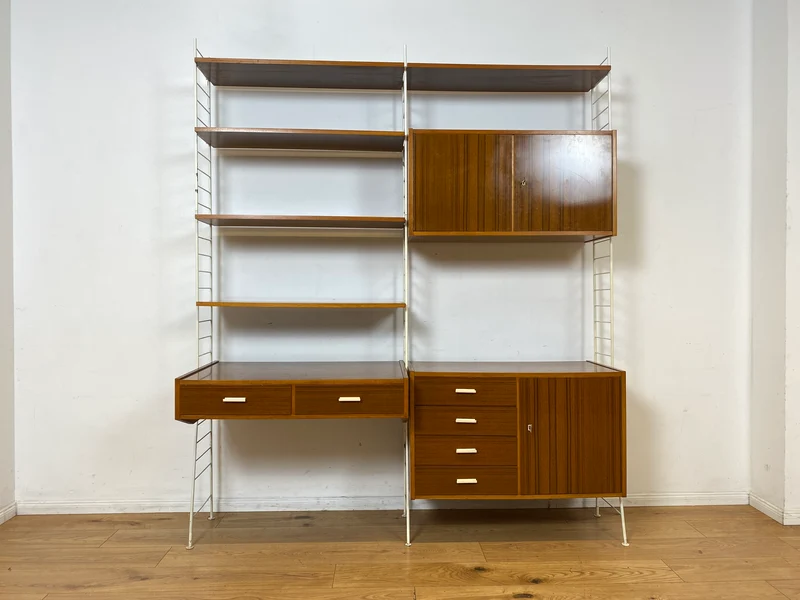 Kultiges modulares DDR Stringregal mit Schreibtisch & Schubladenkommode I String Regal Regalwand Bücherschrank Sekretär Highboard Bücherregal Leitermöbel Sybille Babette Vintage Retro 70er I