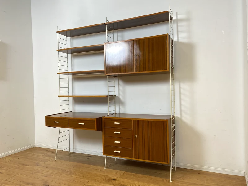 Kultiges modulares DDR Stringregal mit Schreibtisch & Schubladenkommode I String Regal Regalwand Bücherschrank Sekretär Highboard Bücherregal Leitermöbel Sybille Babette Vintage Retro 70er I