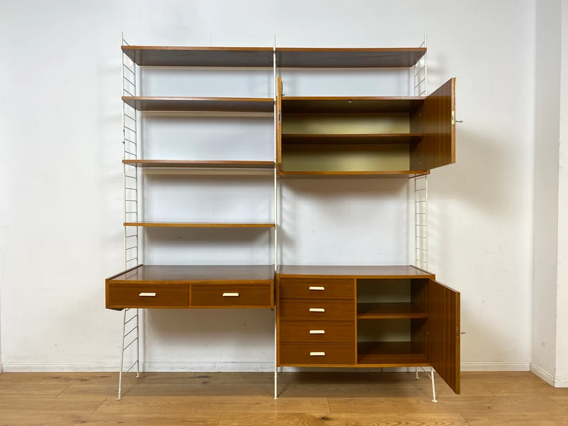 Kultiges modulares DDR Stringregal mit Schreibtisch & Schubladenkommode I String Regal Regalwand Bücherschrank Sekretär Highboard Bücherregal Leitermöbel Sybille Babette Vintage Retro 70er I