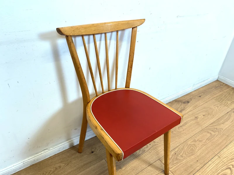 Formschöner und stabiler heller Mid-Century Sprossenstuhl aus Buchenholz mit rotem Kunstleder Sitz I Stuhl Holzstuhl Esszimmerstuhl Küchenstuhl 50er 60er Vintage I (Kopie)