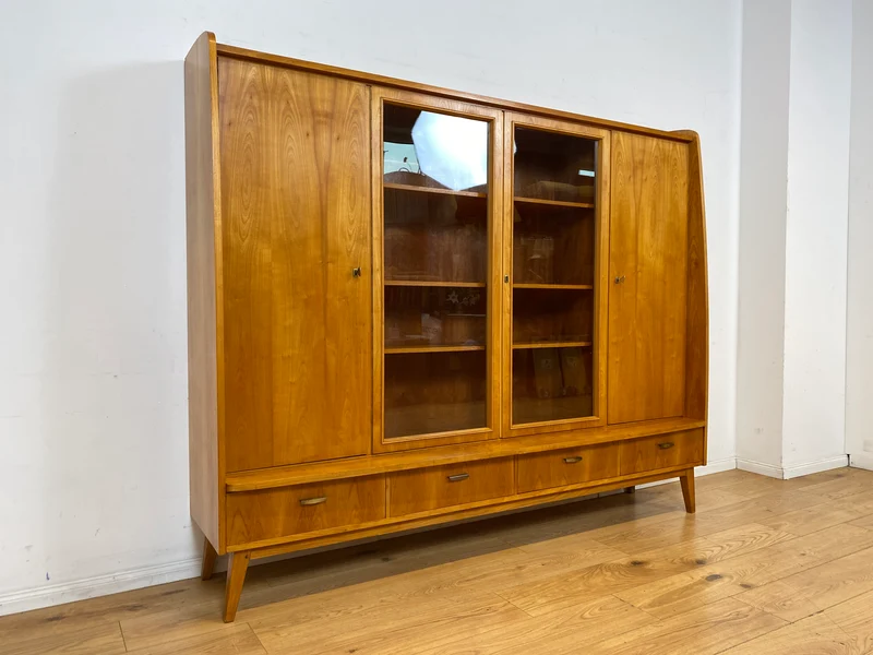 WMK I Stilvoller heller Mid-Century Wohnzimmerschrank mit Vitrine und Schubladen I Highboard Bücherschrank Büchervitrine Schrank Sideboard Glasvitrine 50er 60er Vintage I