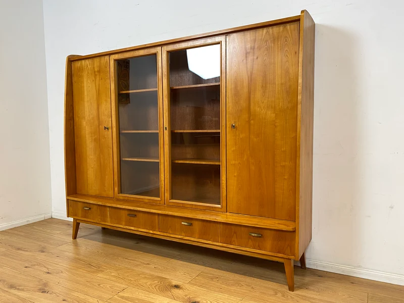 WMK I Stilvoller heller Mid-Century Wohnzimmerschrank mit Vitrine und Schubladen I Highboard Bücherschrank Büchervitrine Schrank Sideboard Glasvitrine 50er 60er Vintage I