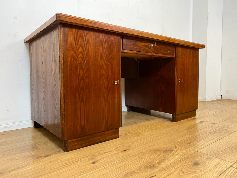 Sehr schöner freistehender 30er Jahre Art Deco Schreibtisch aus vollem Holz in Eiche mit Regal Rückseite I Arbeitstisch Bürotisch Writing Desk Antik Vintage Mid-Century I