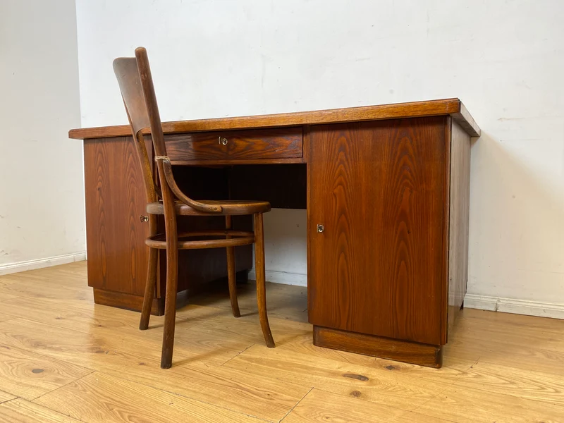 Sehr schöner freistehender 30er Jahre Art Deco Schreibtisch aus vollem Holz in Eiche mit Regal Rückseite I Arbeitstisch Bürotisch Writing Desk Antik Vintage Mid-Century I