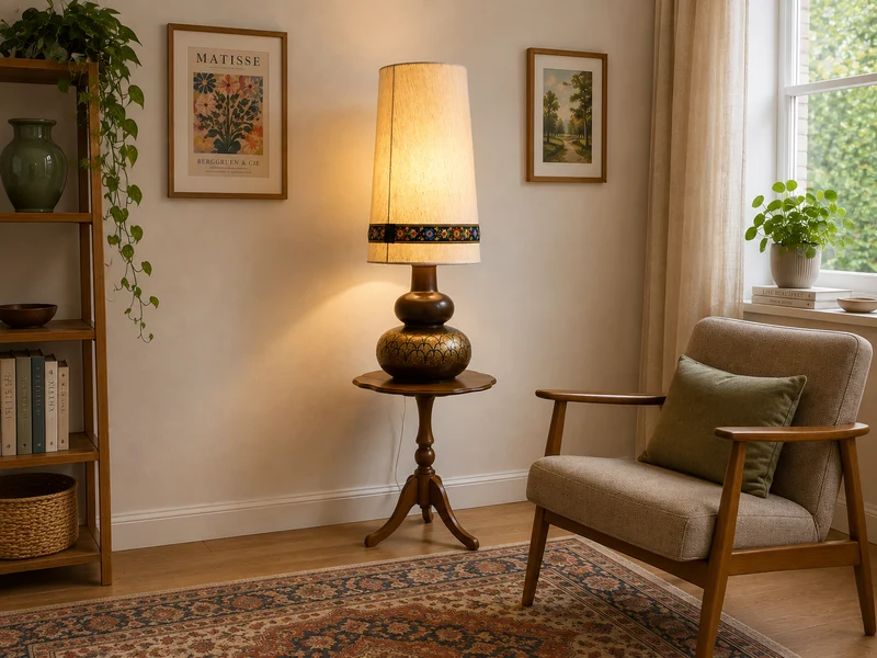 Kultige große Mid-Century Bodenlampe / Tischlampe mit kunstvollem Keramik Lampenfuß & textilem Lampenschirm mit floral bestickter Borte