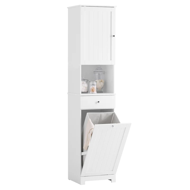 SoBuy | Platzsparender Badschrank | mit 1 Wäschekorb | Schublade | offenem Fach & verstellbarem | BZR216-W