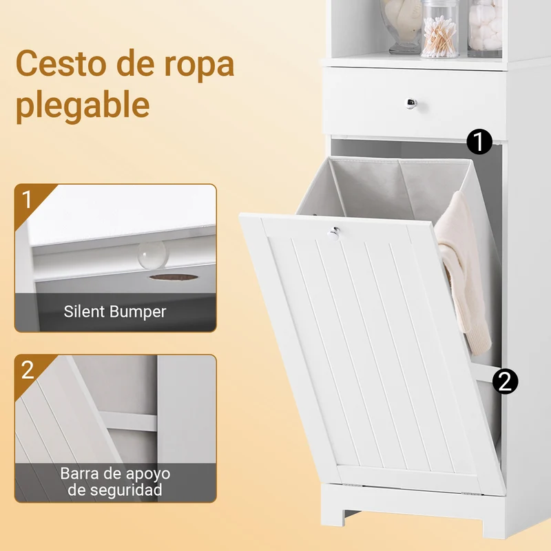SoBuy | Platzsparender Badschrank | mit 1 Wäschekorb | Schublade | offenem Fach & verstellbarem | BZR216-W
