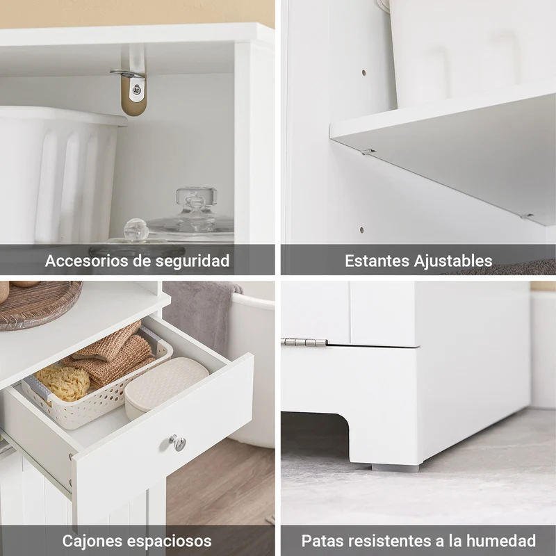 SoBuy | Platzsparender Badschrank | mit 1 Wäschekorb | Schublade | offenem Fach & verstellbarem | BZR216-W