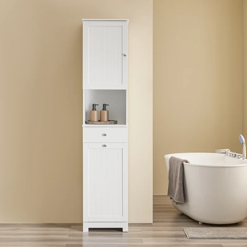 SoBuy | Platzsparender Badschrank | mit 1 Wäschekorb | Schublade | offenem Fach & verstellbarem | BZR216-W