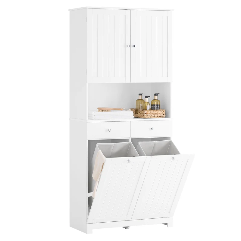 SoBuy | Hochschrank schmal | mit 2 Wäschekörben | 2 Schubladen | Weiß | BZR215-W