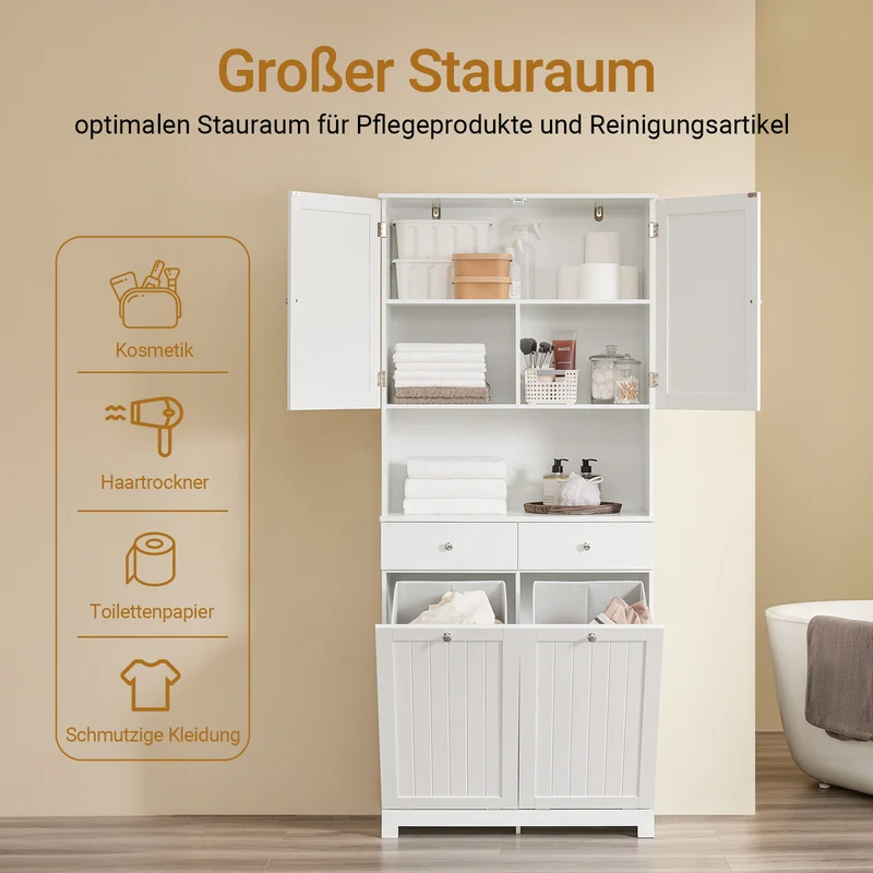 SoBuy | Hochschrank schmal | mit 2 Wäschekörben | 2 Schubladen | Weiß | BZR215-W