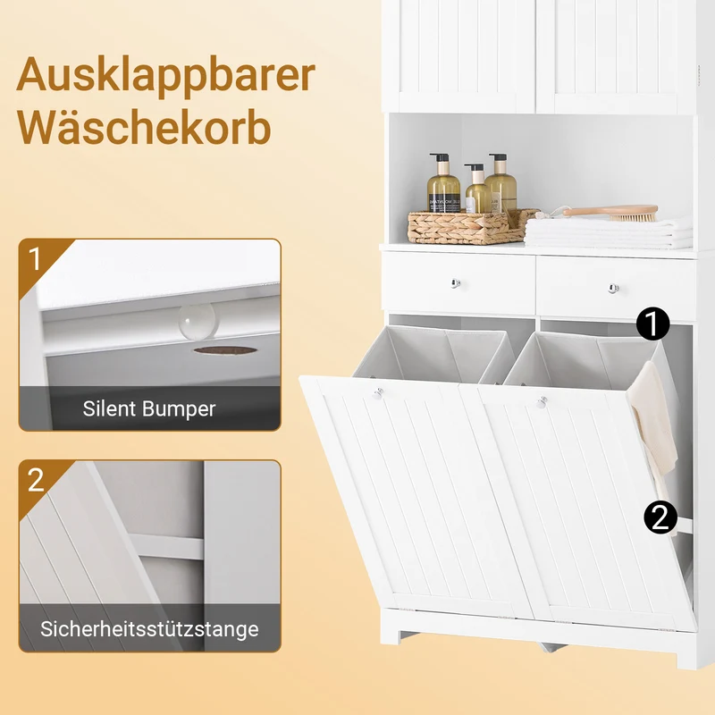 SoBuy | Hochschrank schmal | mit 2 Wäschekörben | 2 Schubladen | Weiß | BZR215-W
