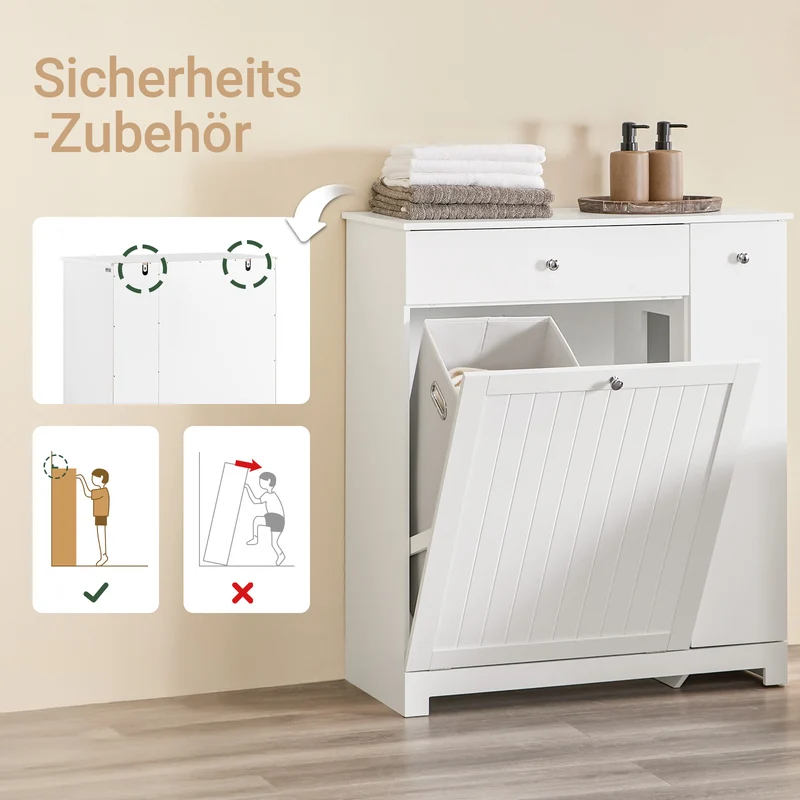 SoBuy | Badezimmerschrank | mit 1 Schublade | 2 Wäschekörben & Ausziehfach | Weiß | 78x38x90cm | BZR214-W