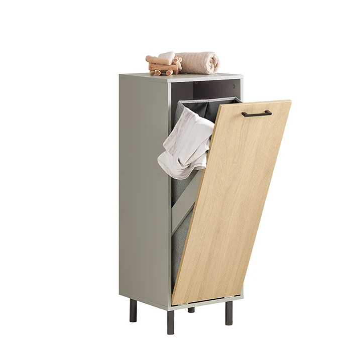 SoBuy | Wäscheschrank mit ausklappbarem Wäschesack | Wäschesammler | Badschrank | Naturgrau | BZR132-NG