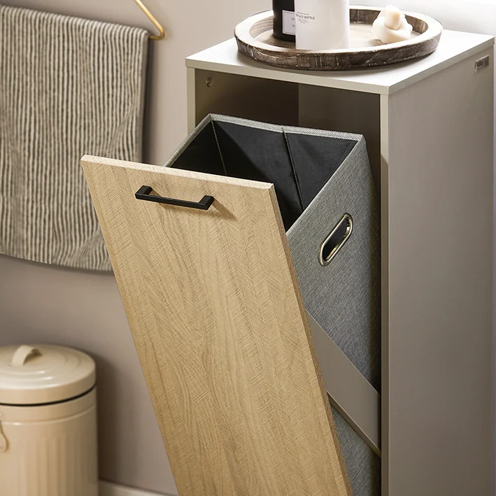 SoBuy | Wäscheschrank mit ausklappbarem Wäschesack | Wäschesammler | Badschrank | Naturgrau | BZR132-NG