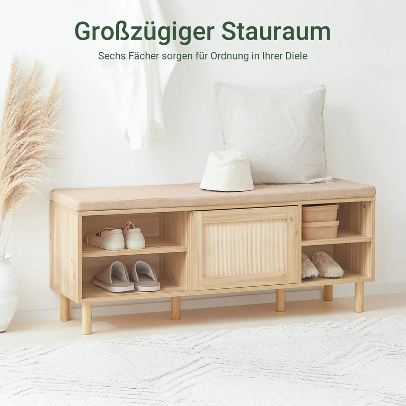 SoBuy | Schuhbank mit Sitzfläche | Dielenbank mit Schiebetüren | Natur | FSR163-N