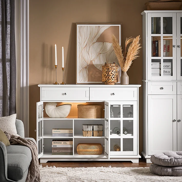 SoBuy | Küchenschrank mit Glastür | Vitrinen & Vitrinenschränke | Sideboard Kommode | Weiß | FSB77-W