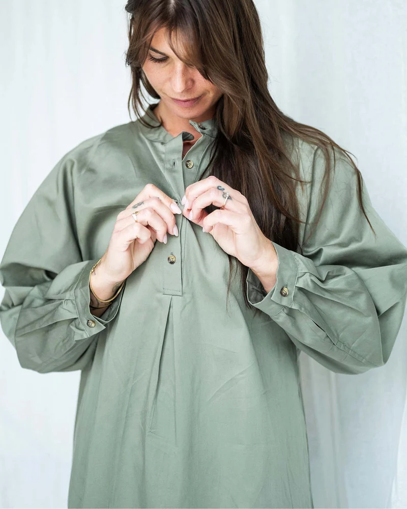 Robe taille unique, col officier, 100 % coton biologique