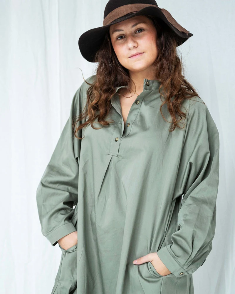 Robe taille unique, col officier, 100 % coton biologique