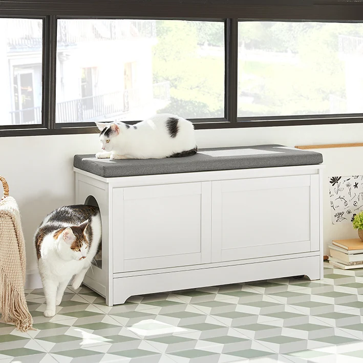 SoBuy | Katzenhaus mit Katzennäpfe | Tierhaus | Schuhbank mit Katzenhaus | Weiß | FSR136-W