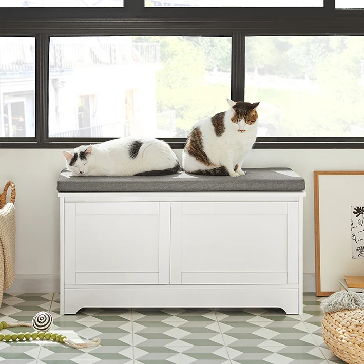SoBuy | Katzenhaus mit Katzennäpfe | Tierhaus | Schuhbank mit Katzenhaus | Weiß | FSR136-W