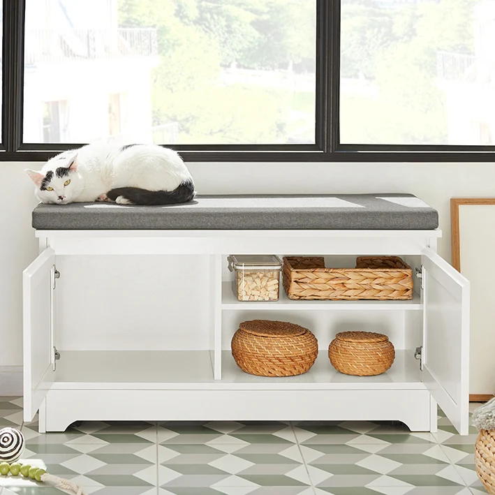 SoBuy | Katzenhaus mit Katzennäpfe | Tierhaus | Schuhbank mit Katzenhaus | Weiß | FSR136-W