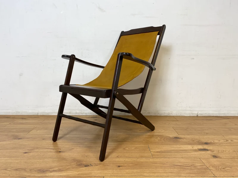 WMK I Eleganter & hochwertiger dunkler Mid-Century Klappsessel mit Stoff in Senf Gelb