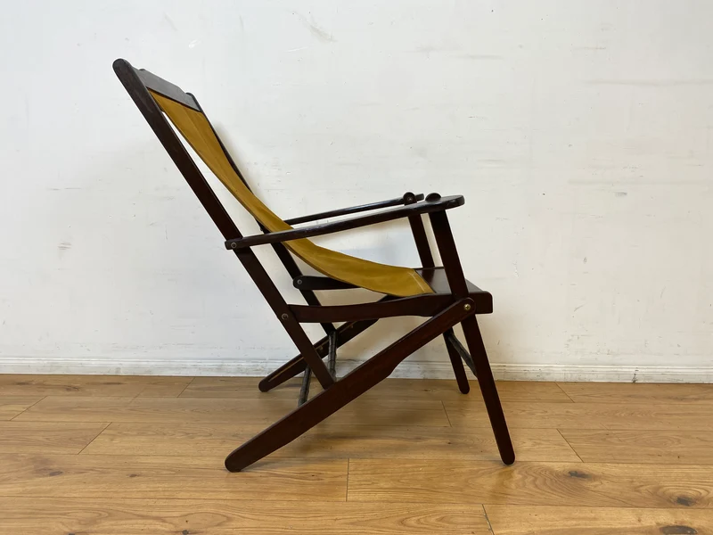 WMK I Eleganter & hochwertiger dunkler Mid-Century Klappsessel mit Stoff in Senf Gelb