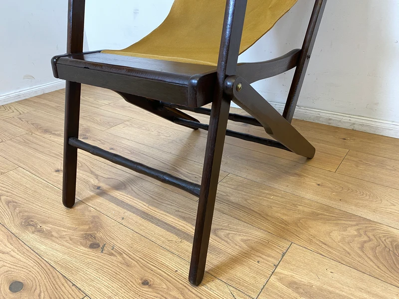 WMK I Eleganter & hochwertiger dunkler Mid-Century Klappsessel mit Stoff in Senf Gelb