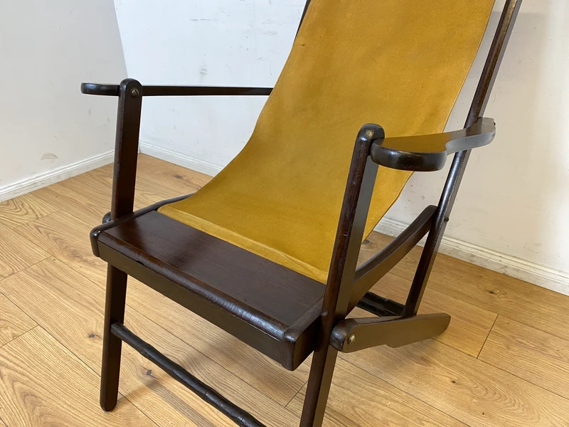 WMK I Eleganter & hochwertiger dunkler Mid-Century Klappsessel mit Stoff in Senf Gelb