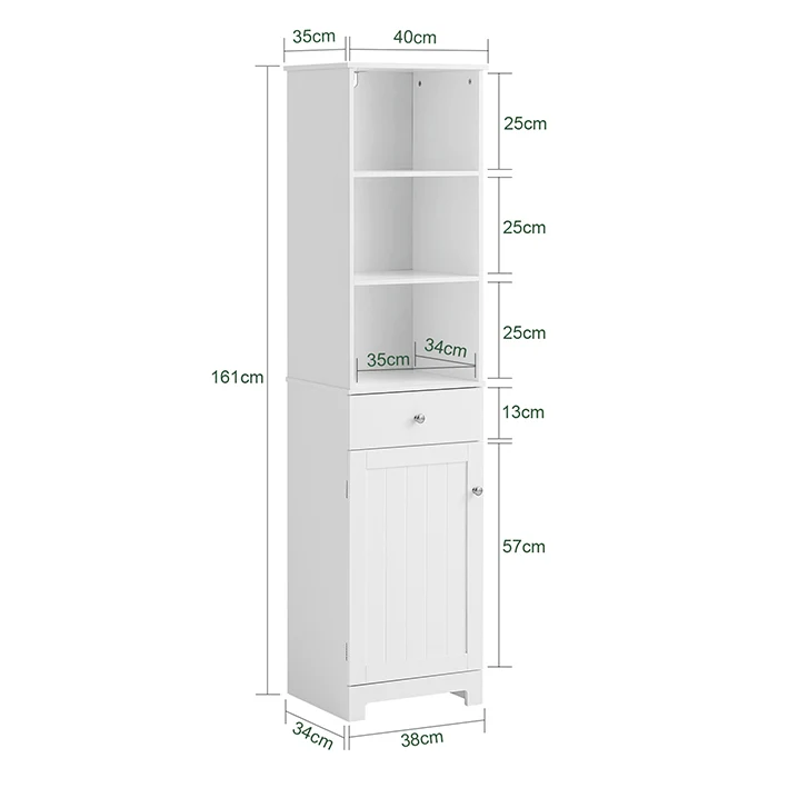 SoBuy Platzsparender Badschrank | Hochschrank mit Schublade & Fächern | 40x161x35cm Weiß | BZR17-W