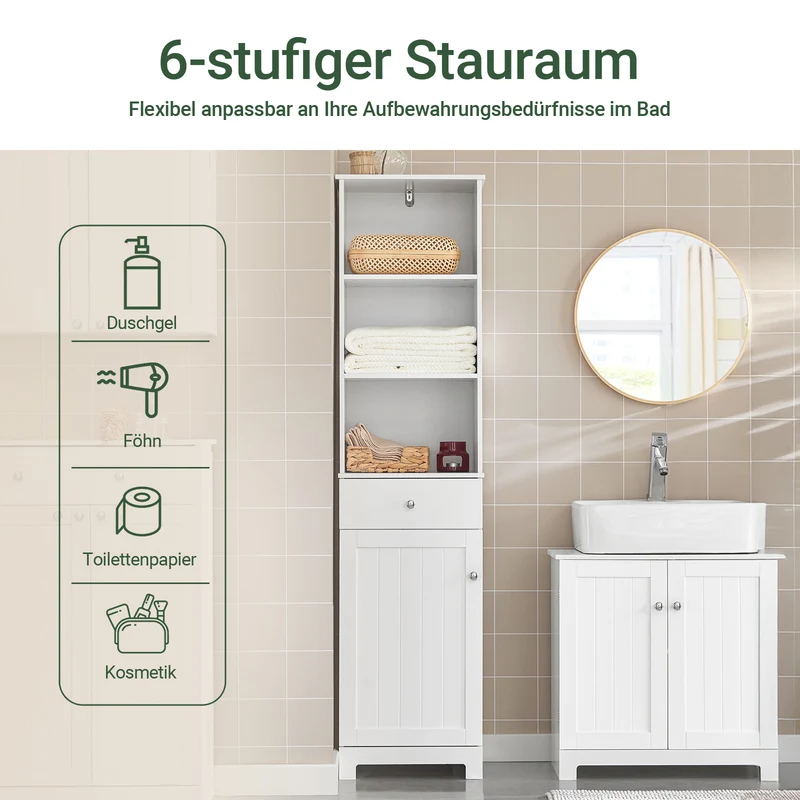SoBuy Platzsparender Badschrank | Hochschrank mit Schublade & Fächern | 40x161x35cm Weiß | BZR17-W
