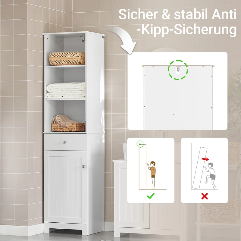 SoBuy Platzsparender Badschrank | Hochschrank mit Schublade & Fächern | 40x161x35cm Weiß | BZR17-W