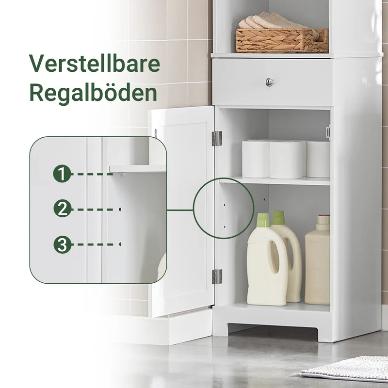 SoBuy Platzsparender Badschrank | Hochschrank mit Schublade & Fächern | 40x161x35cm Weiß | BZR17-W