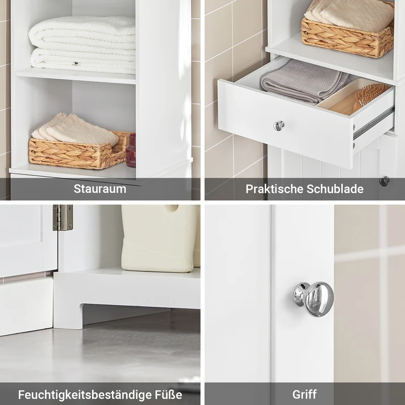 SoBuy Platzsparender Badschrank | Hochschrank mit Schublade & Fächern | 40x161x35cm Weiß | BZR17-W