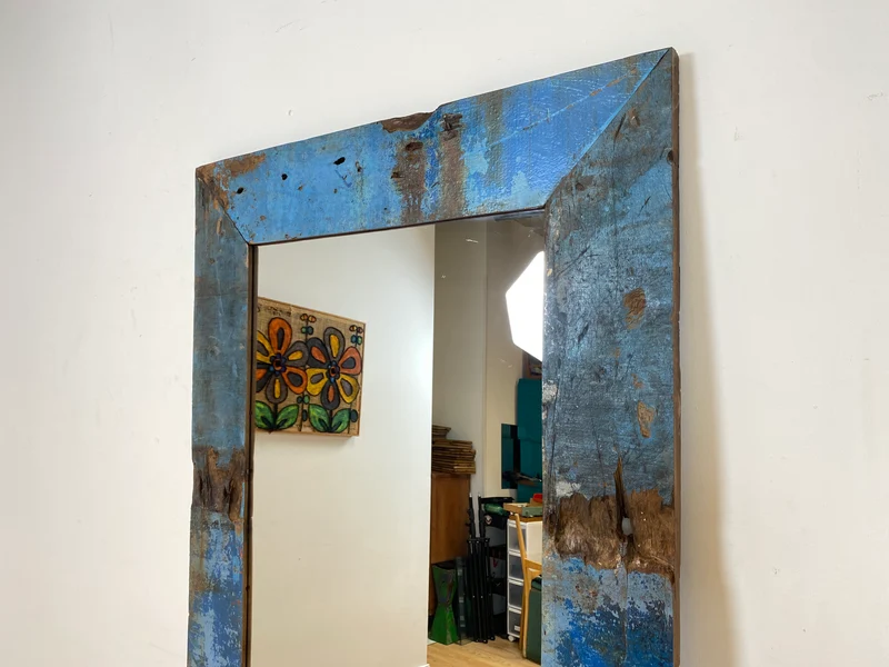 Boatwood by WMK I Meeresblauer 100x200cm großer Spiegel I handgefertigtes Unikat aus altem Bootsholz in Originalfarbe