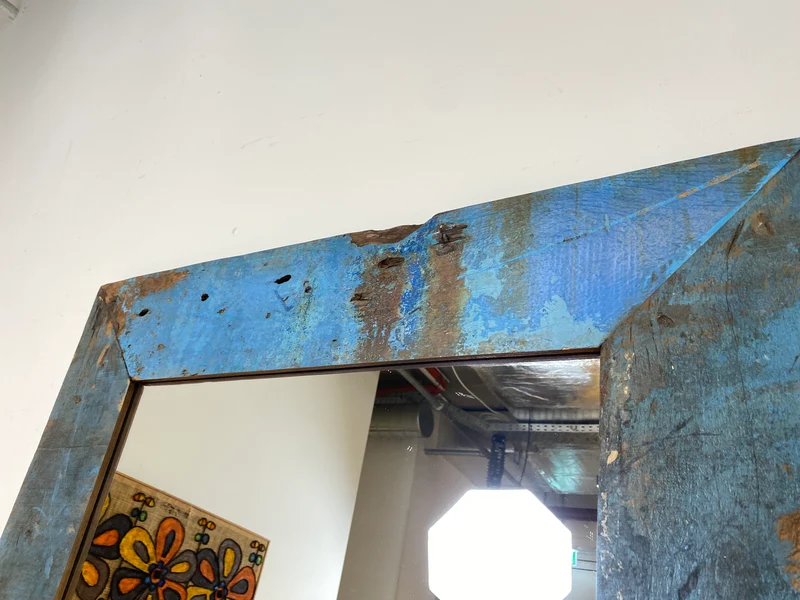 Boatwood by WMK I Meeresblauer 100x200cm großer Spiegel I handgefertigtes Unikat aus altem Bootsholz in Originalfarbe