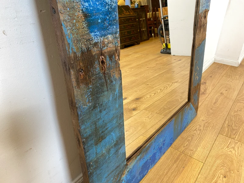 Boatwood by WMK I Meeresblauer 100x200cm großer Spiegel I handgefertigtes Unikat aus altem Bootsholz in Originalfarbe