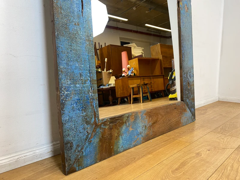 Boatwood by WMK I Meeresblauer 100x200cm großer Spiegel I handgefertigtes Unikat aus altem Bootsholz in Originalfarbe