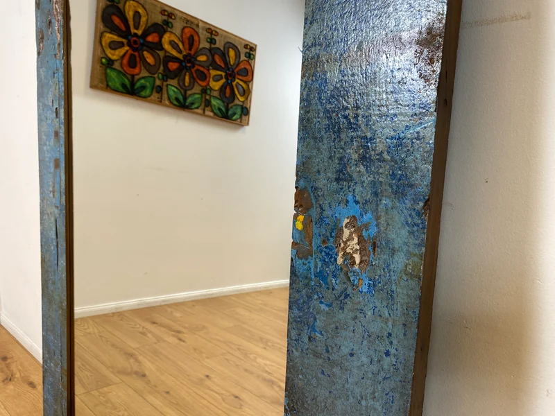 Boatwood by WMK I Meeresblauer 100x200cm großer Spiegel I handgefertigtes Unikat aus altem Bootsholz in Originalfarbe
