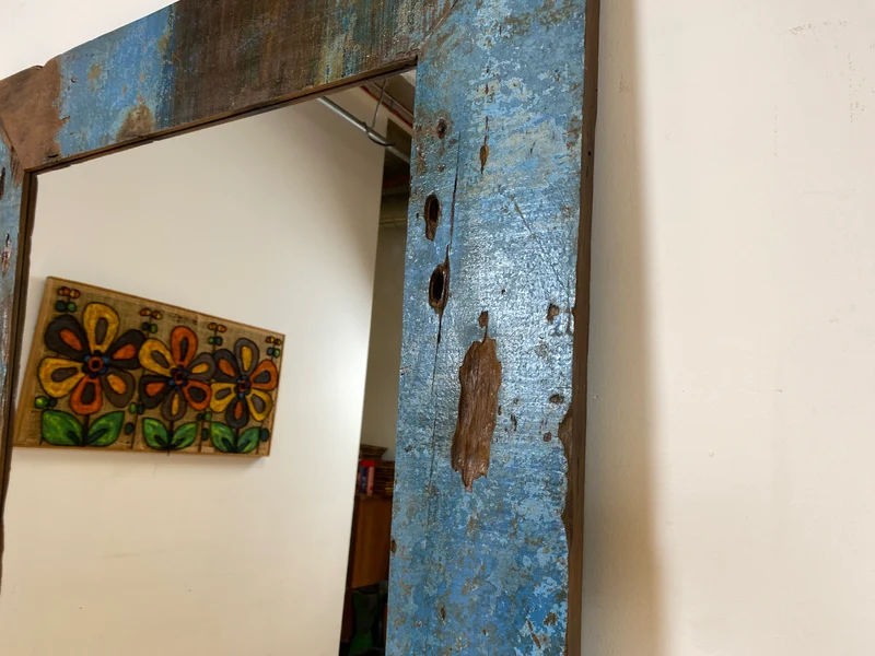Boatwood by WMK I Meeresblauer 100x200cm großer Spiegel I handgefertigtes Unikat aus altem Bootsholz in Originalfarbe