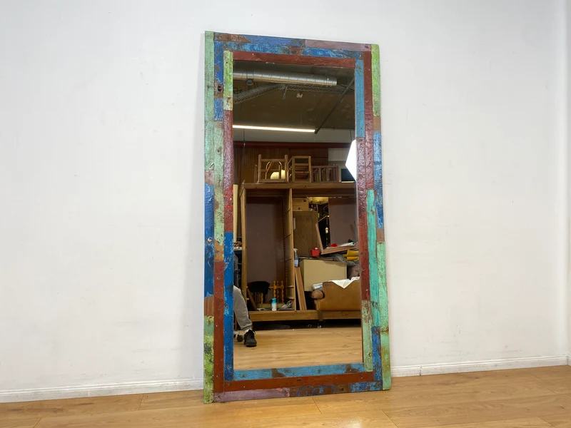 Boatwood by WMK I 100x195cm großer Spiegel I handgefertigtes Unikat aus altem Bootsholz in Originalfarben
