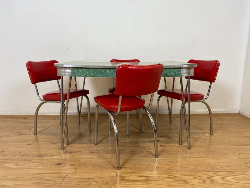 WMK I 4er Set amerikanischer 50er Jahre Chromline Diners mit neuwertigem Kunstleder Bezug & Chrom Gestell