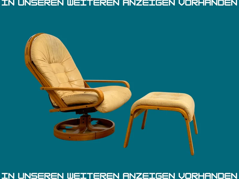 Eleganter & äußerst gemütlicher norwegischer Designer Drehsessel von Rybo Rykken mit beigem Echtleder Bezug