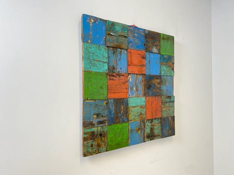 Boatwood by WMK # Großes Patchwork Wandbild 100x100cm, ein handgefertigtes Unikat aus recyceltem Bootsholz