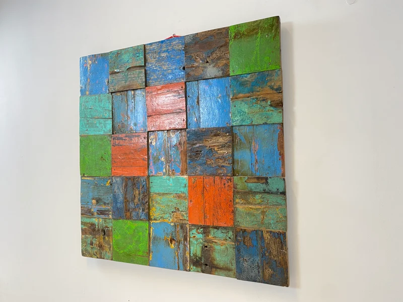 Boatwood by WMK # Großes Patchwork Wandbild 100x100cm, ein handgefertigtes Unikat aus recyceltem Bootsholz